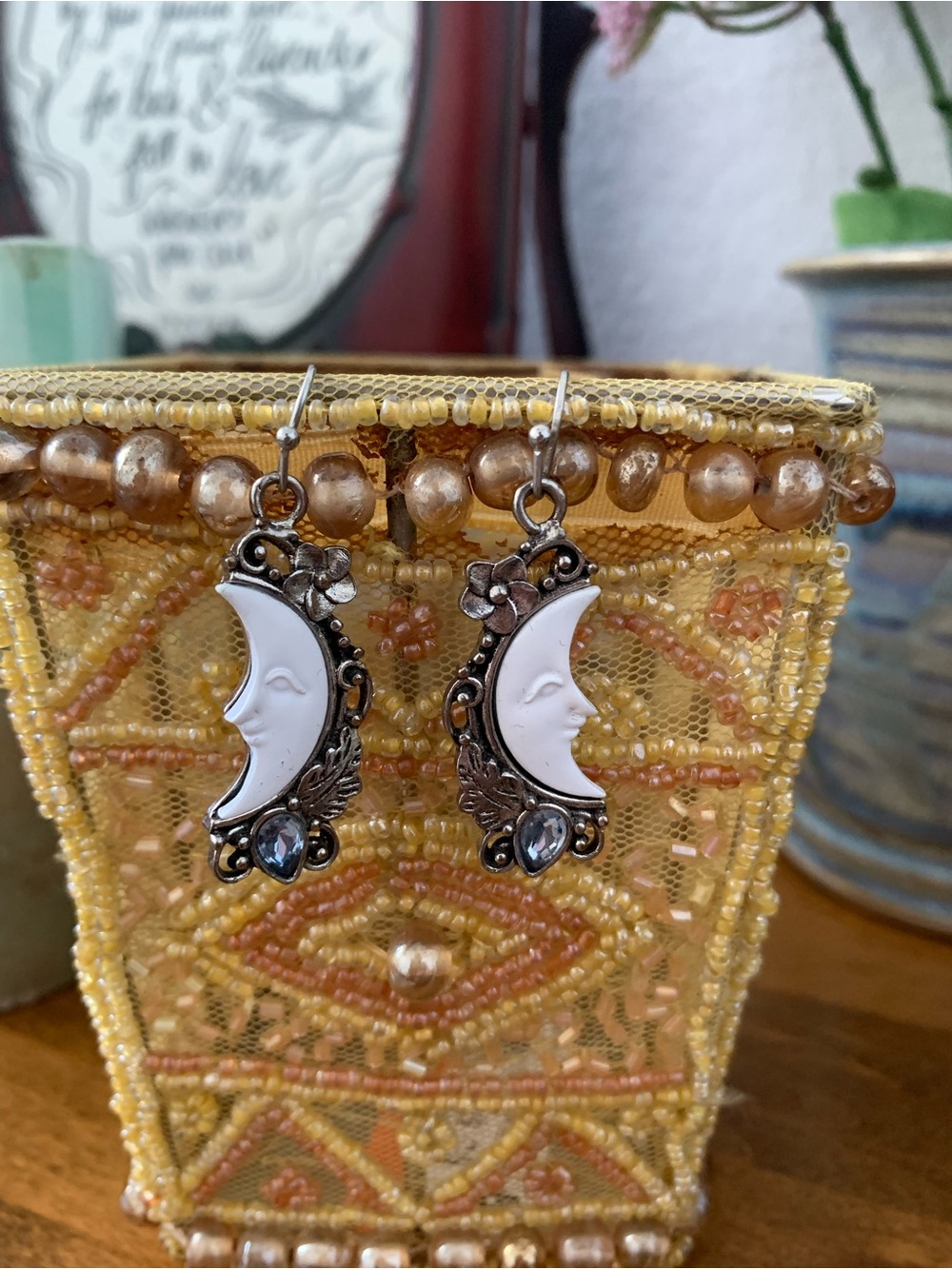 Silver Tone Crescent Moon Dangle Earrings with White Inlay - Unbranded